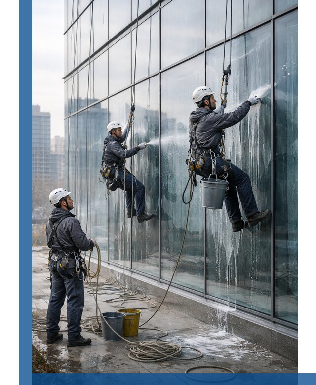 Промышленная мойка панорамных окон на высоте в Губкине