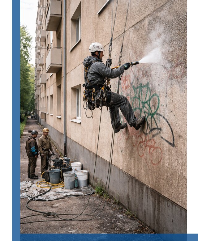 Удаление граффити с фасада в Губкине без следов и повреждений