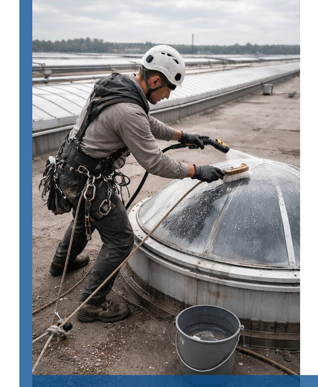 Мойка зенитных фонарей на кровле для промышленных объектов в Губкине