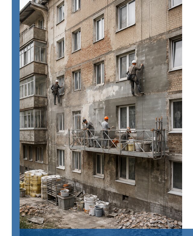 Капитальный ремонт фасада в Губкине с восстановлением и гидроизоляцией