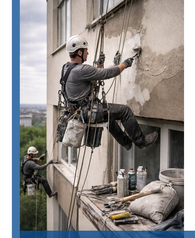 Косметический ремонт фасада зданий в Губкине промышленными альпинистами