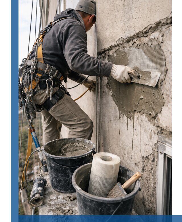 Ремонт бетонных элементов фасада промышленными альпинистами в Губкине