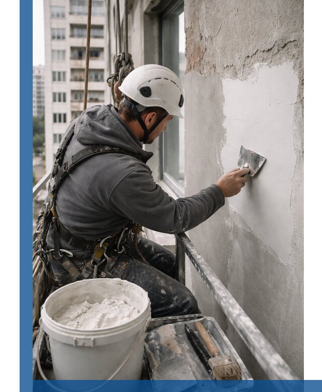 Шпаклевка фасадов на высоте с промальпинистами в Губкине