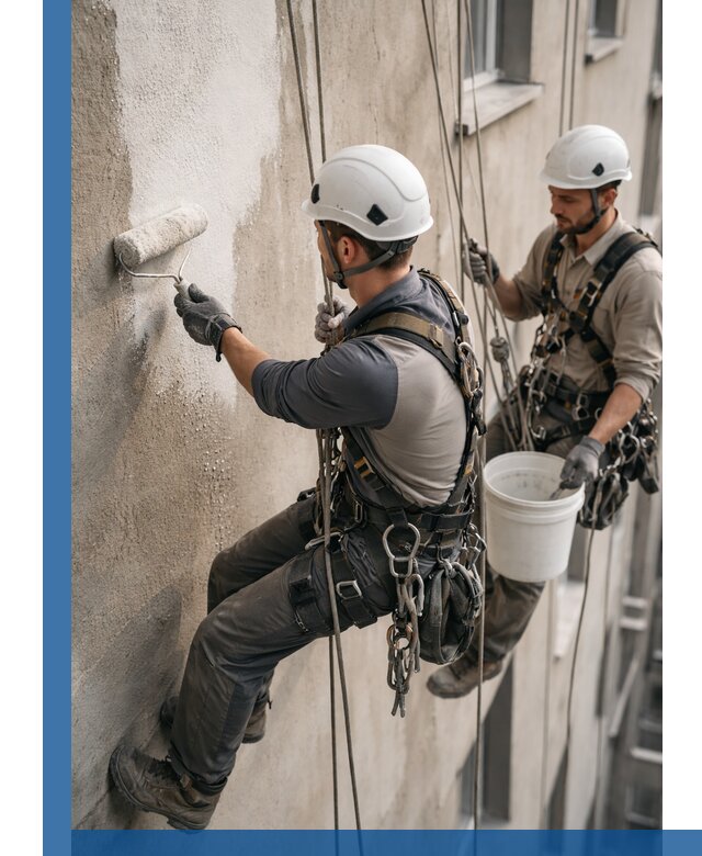 Грунтовка фасада на высоте в Губкине промышленными альпинистами