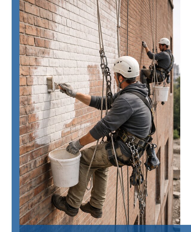 Покраска кирпичного фасада с доступным альпинистским сервисом в Губкине