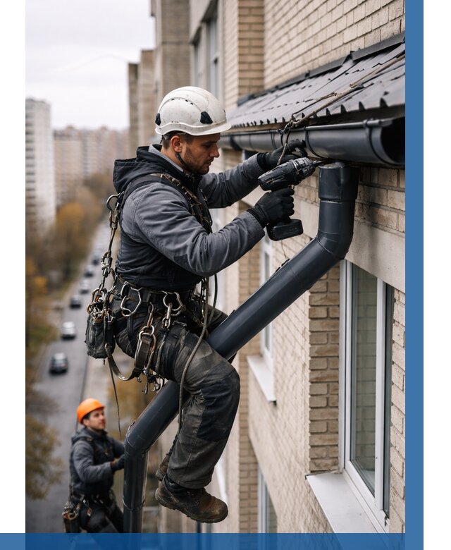 Монтаж водосточной системы на здании в Губкине от 5079 р. | ВЫСОТНИК-Гбк