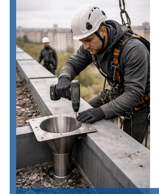 Монтаж водосточных воронок в Губкине для промышленных зданий