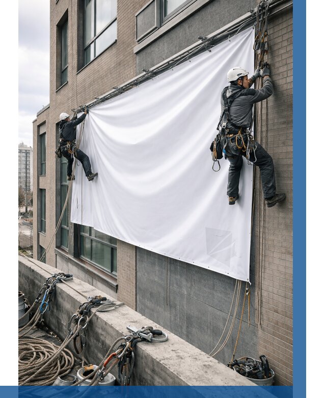 Монтаж баннеров на фасаде в Губкине от 660 р. заказать ВЫСОТНИК-Гбк