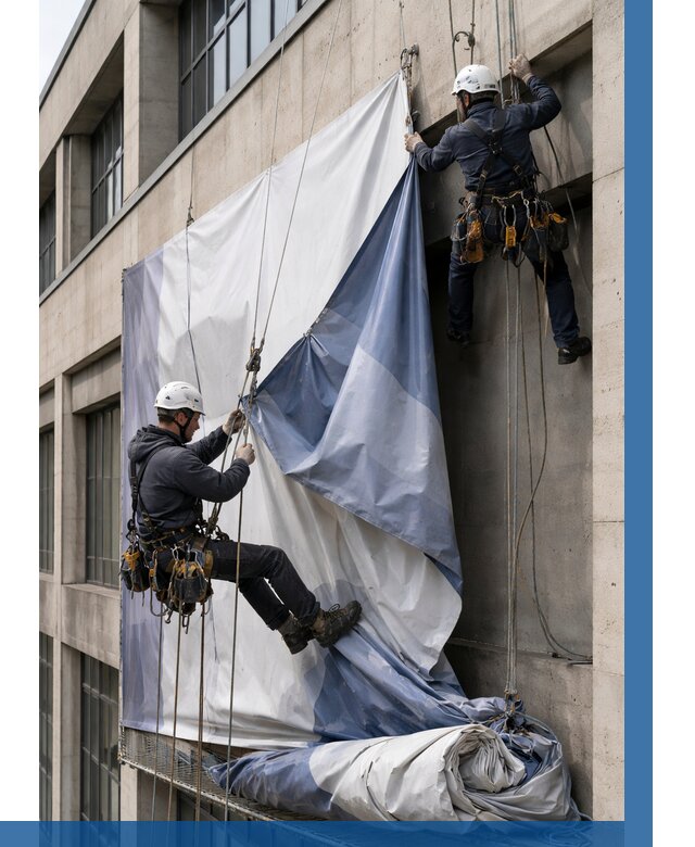 Демонтаж баннеров с фасада в Губкине от 4571 р. | ВЫСОТНИК-Гбк