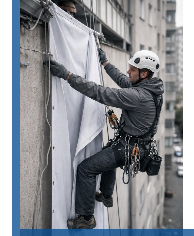 Замена баннерного полотна промышленными альпинистами в Губкине