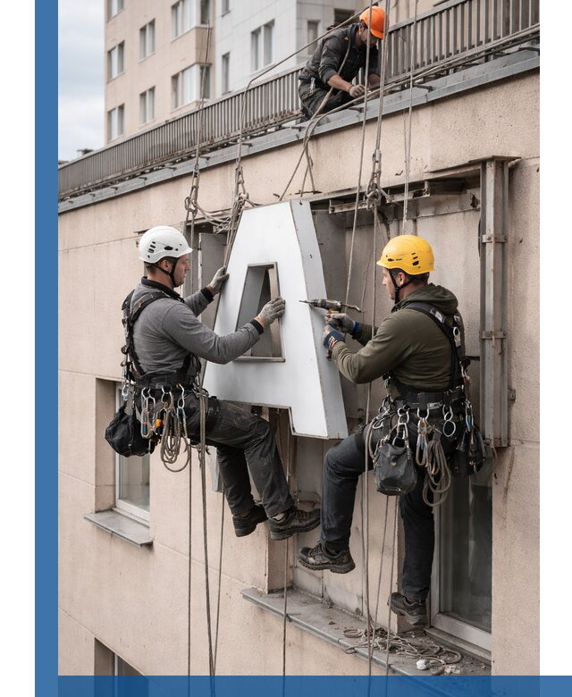 Ремонт и восстановление наружных вывесок на высоте в Губкине