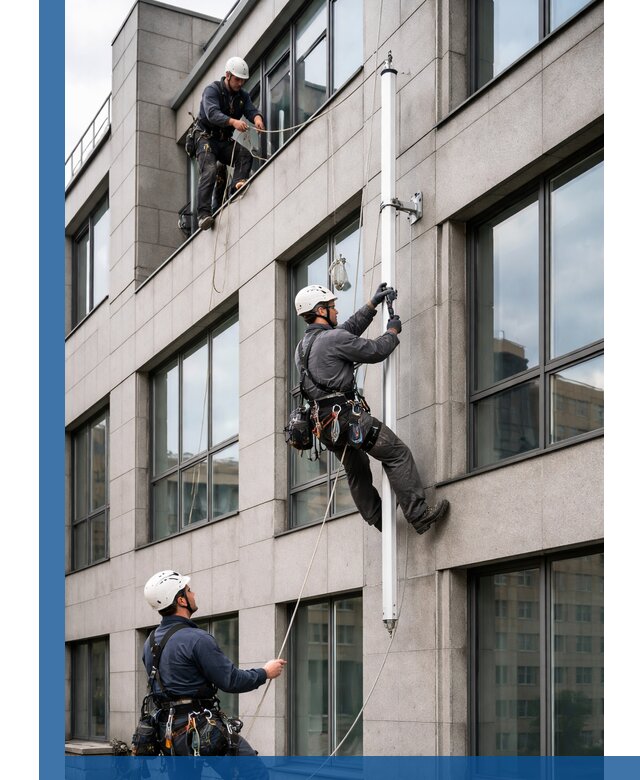 Монтаж флагштока на фасаде здания с креплением и герметикой в Губкине