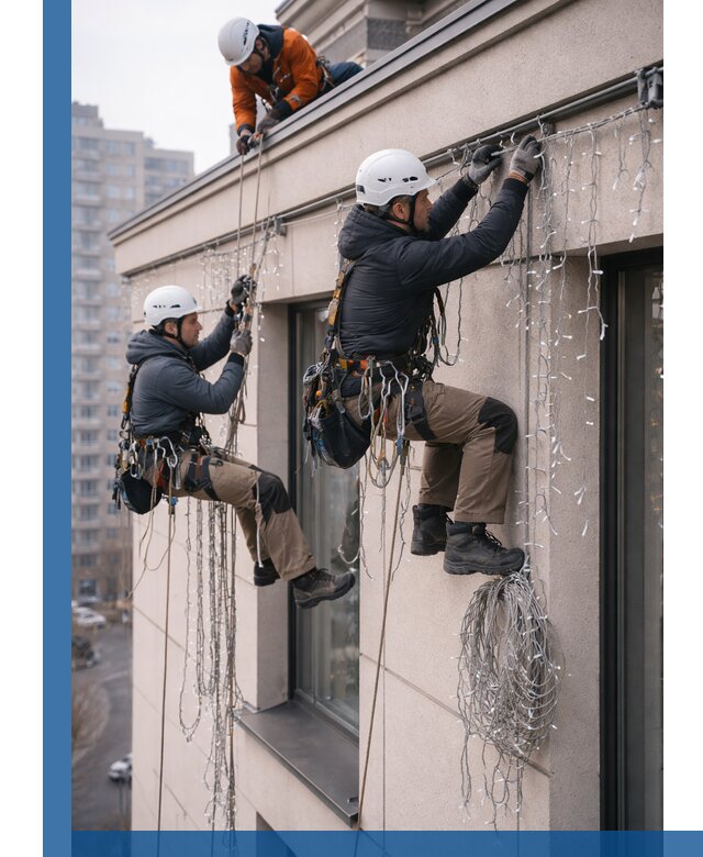 Монтаж праздничных гирлянд на фасаде в Губкине для зданий