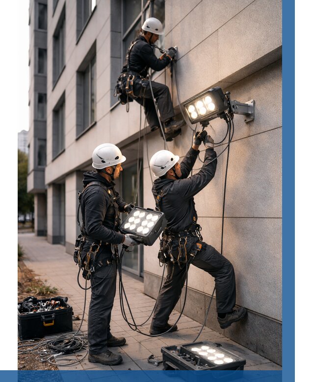 Монтаж прожекторов на фасаде в Губкине от 7619 р. | ВЫСОТНИК-Гбк