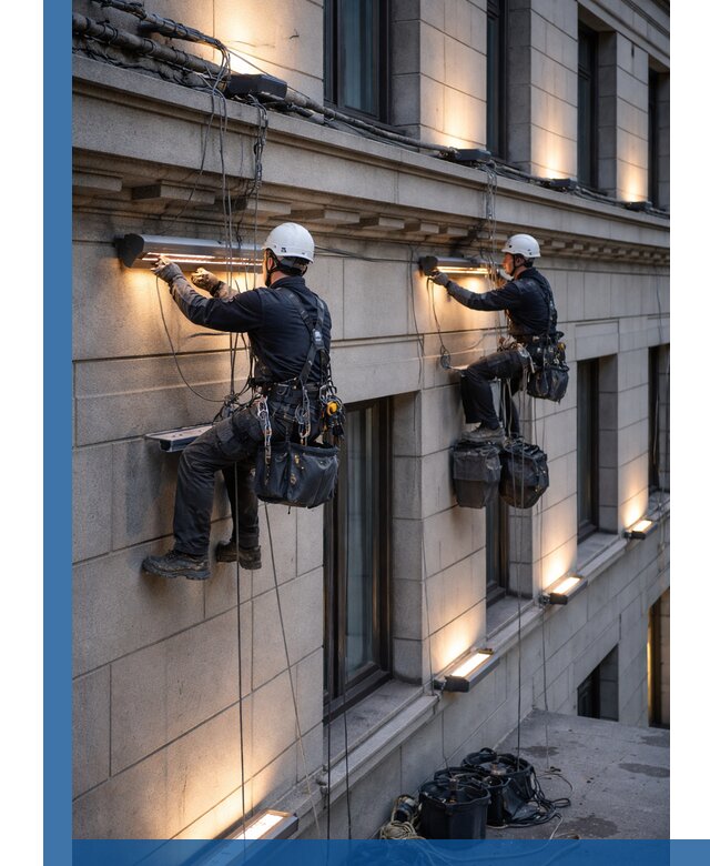 Монтаж архитектурной подсветки фасадов зданий в Губкине