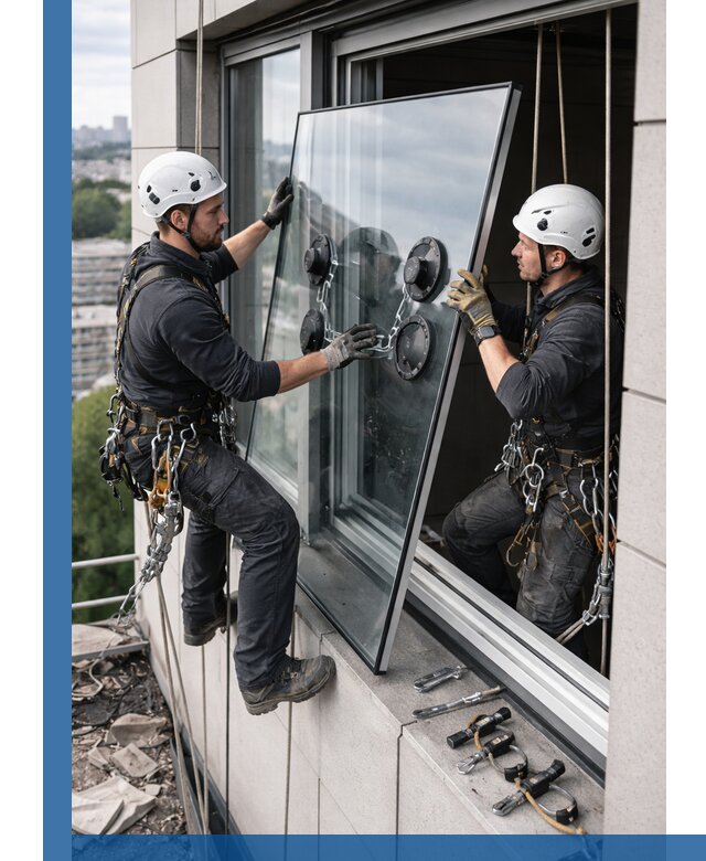 Замена стеклопакетов на высоте с промышленными альпинистами в Губкине