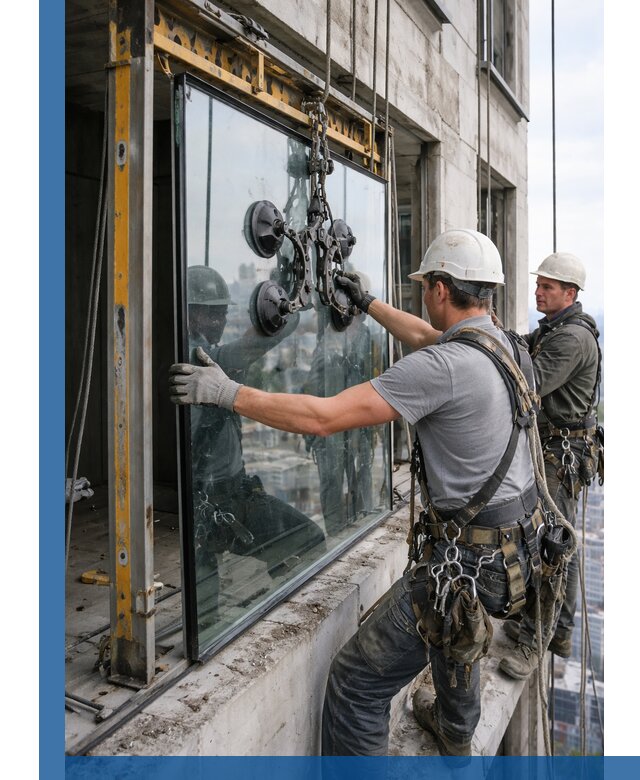 Монтаж стеклопакетов на высоте в Губкине с промышленным альпинизмом