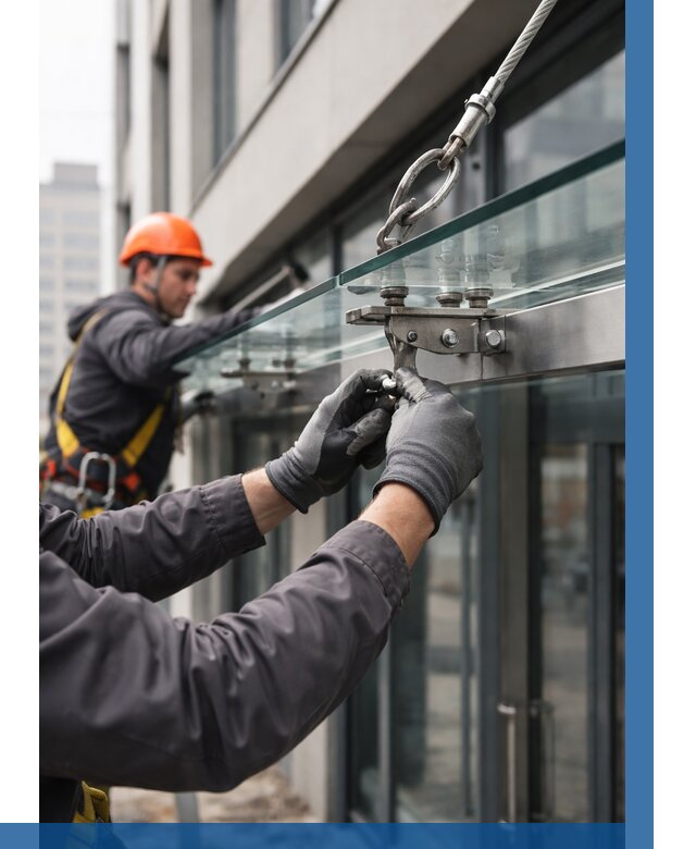 Монтаж стеклянных козырьков в Губкине от 8634 р. | ВЫСОТНИК-Гбк