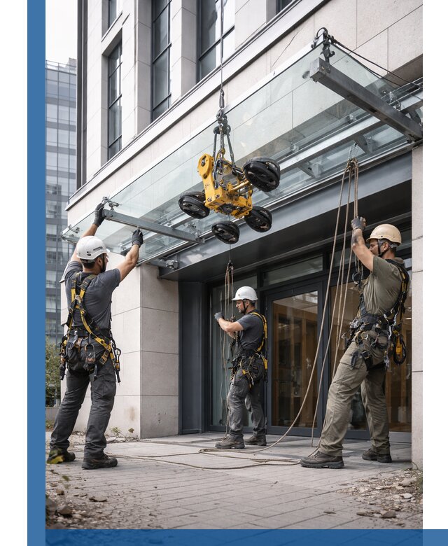 Монтаж стеклянных козырьков под ключ в Губкине для зданий