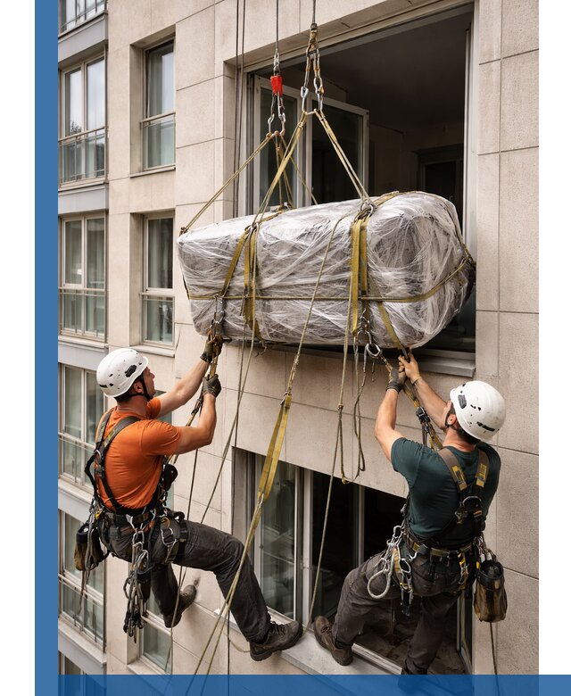 Подъем грузов через окно в Губкине промышленными альпинистами