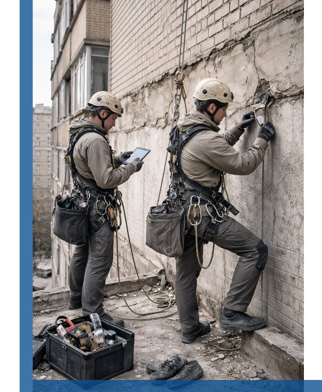 Обследование фасада промышленными альпинистами в Губкине